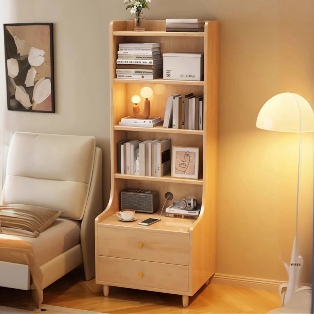 Modern Wooden Bedside Bookshelf with Drawers