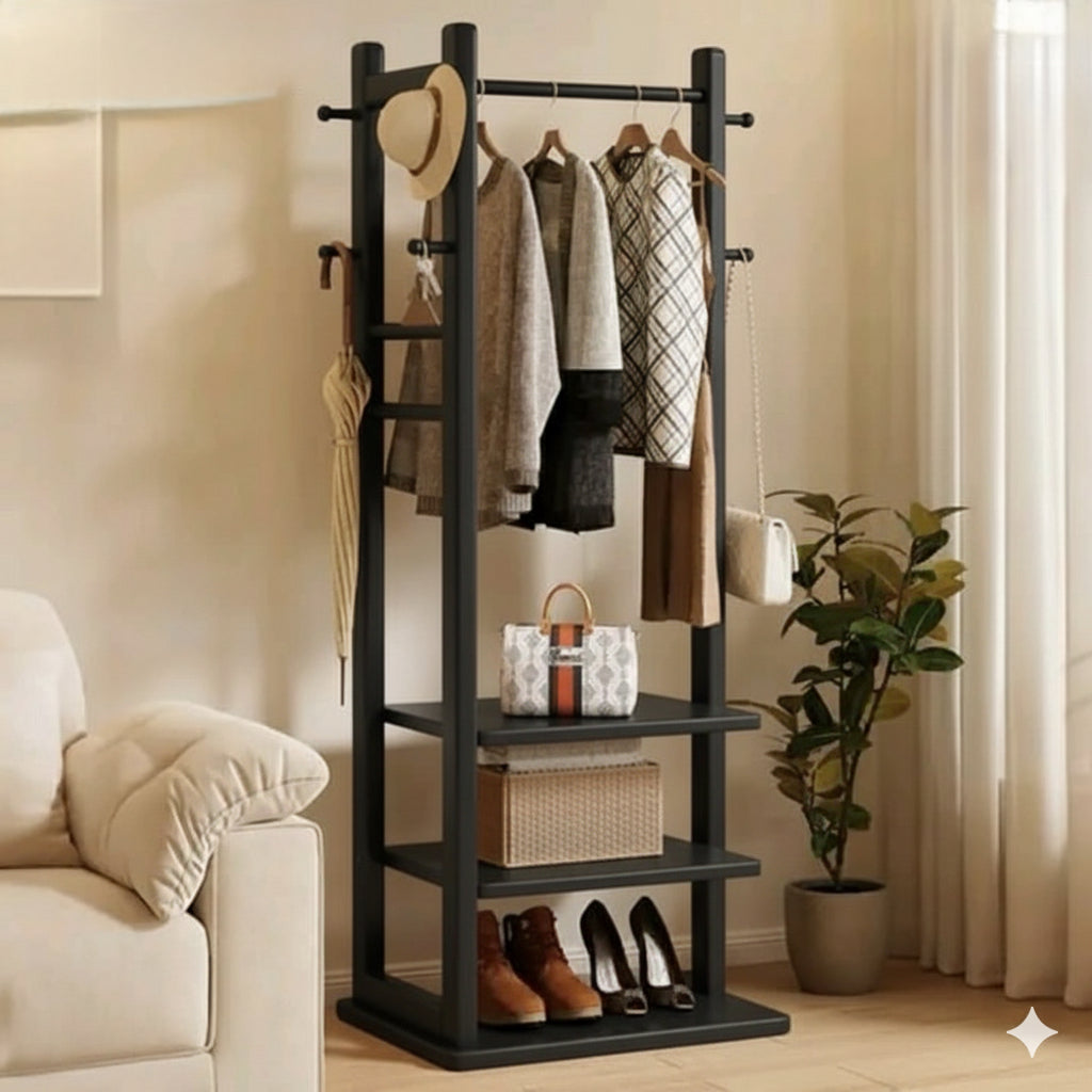 Wooden Multi Layer Alna With 6 Hook And 3 Shelf For Bedroom| wooden cloth stand