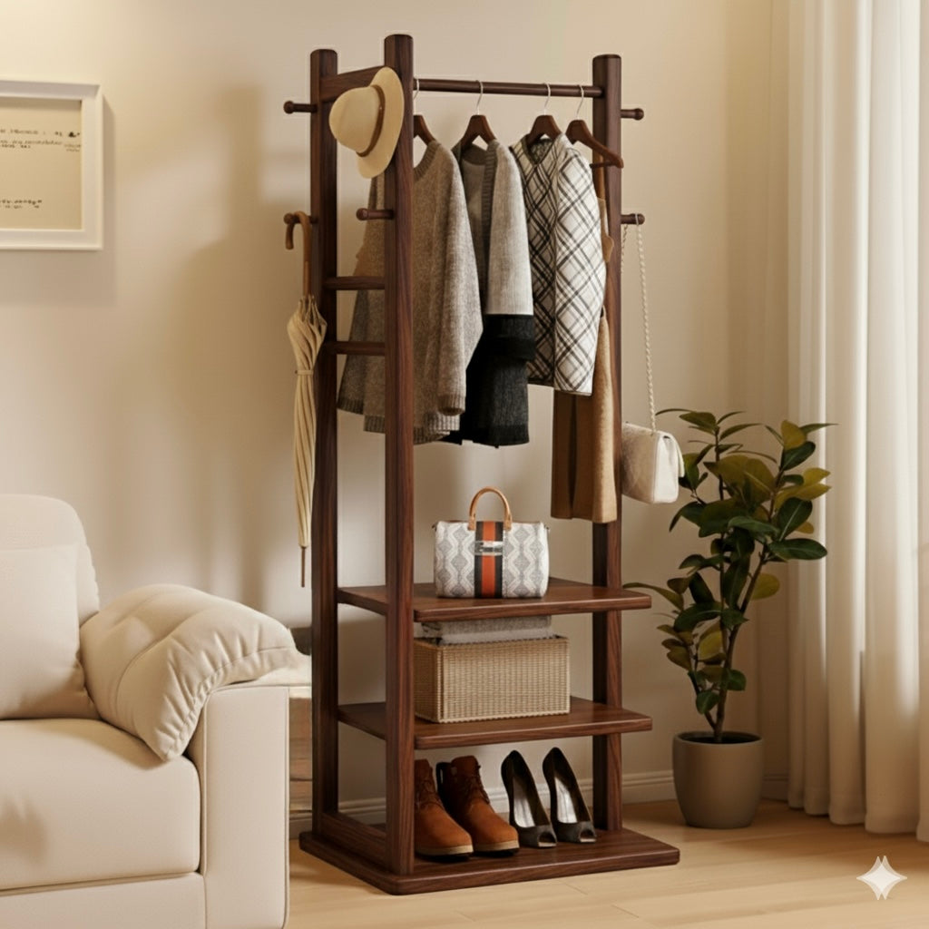 Wooden Multi Layer Alna With 6 Hook And 3 Shelf For Bedroom| wooden cloth stand