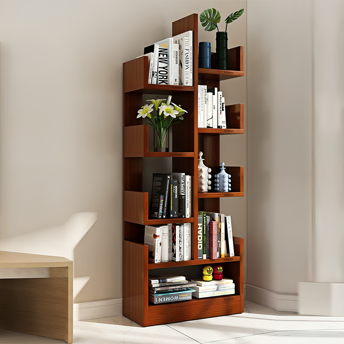 6 Tier L-Shaped Wooden Bookshelf