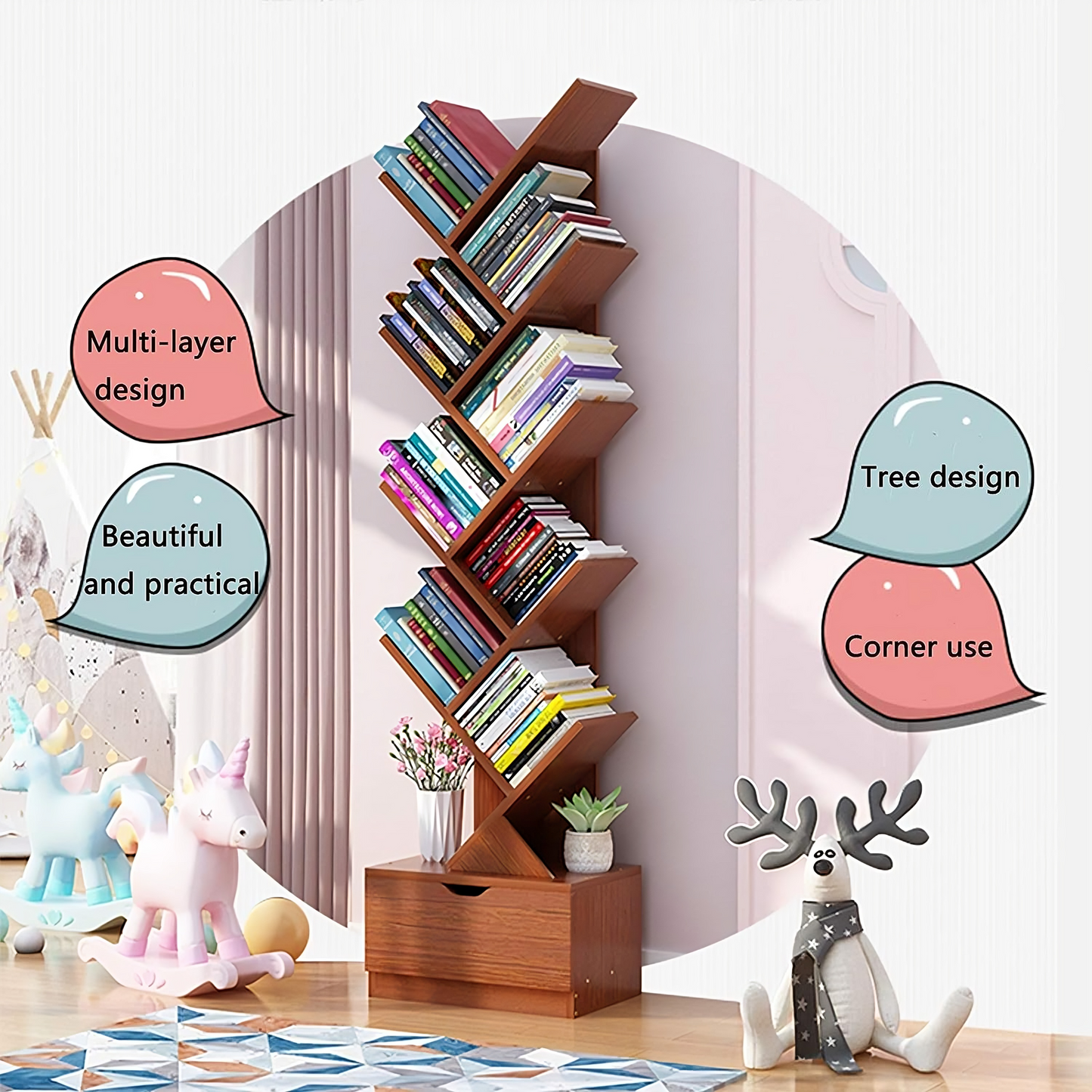 Wooden Tree Shape 9 Tier Bookshelf For Office & Home