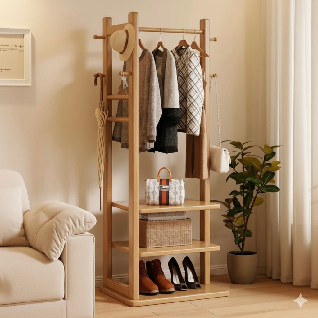 Wooden Multi Layer Alna With 6 Hook And 3 Shelf For Bedroom| wooden cloth stand