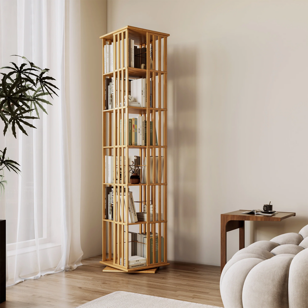 WOODEN 360° ROTATING BOOKSHELF WITH STORAGE CABINETS
