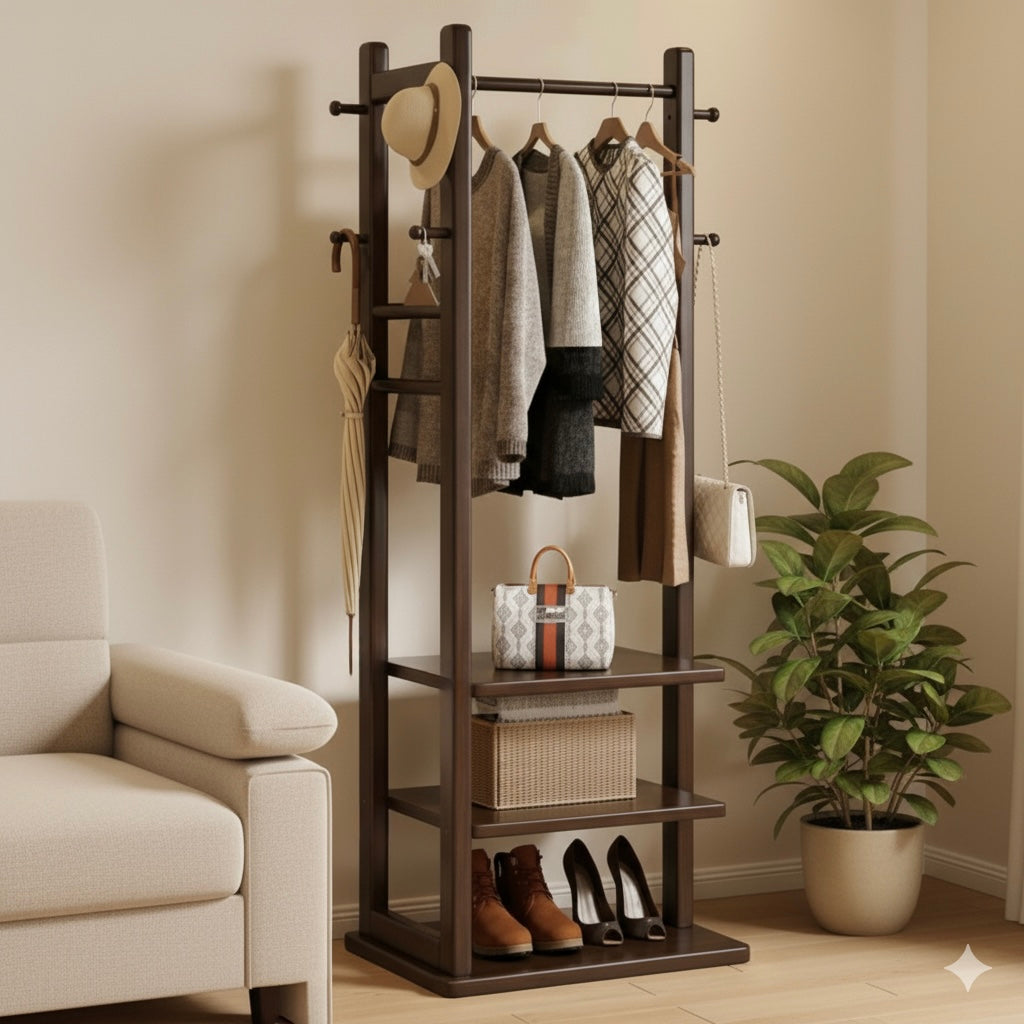 Wooden Multi Layer Alna With 6 Hook And 3 Shelf For Bedroom| wooden cloth stand