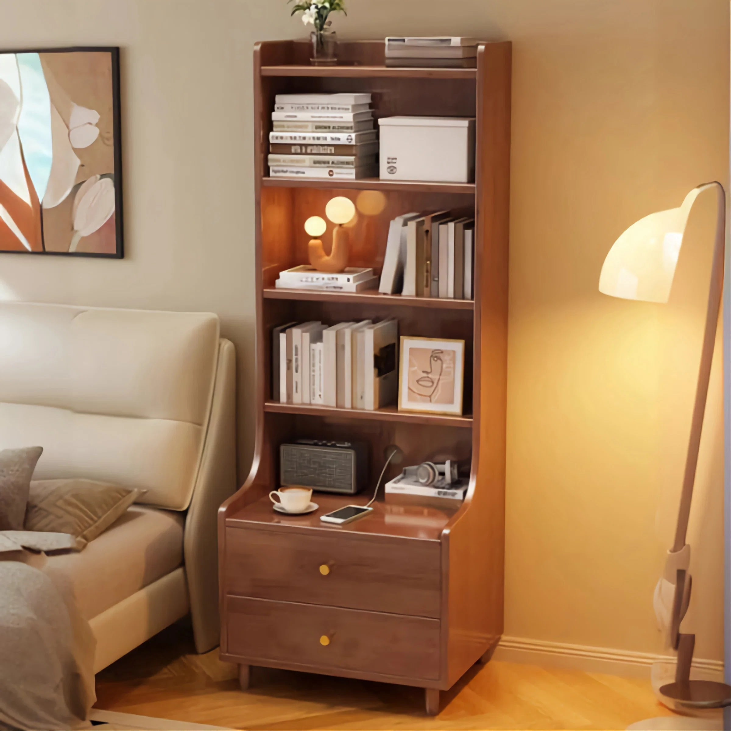Modern Wooden Bedside Bookshelf with Drawers