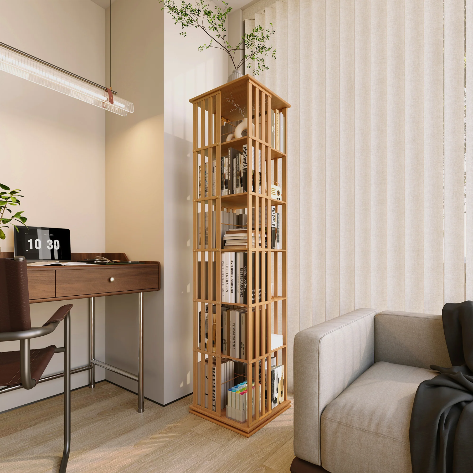 WOODEN 360° ROTATING BOOKSHELF WITH STORAGE CABINETS