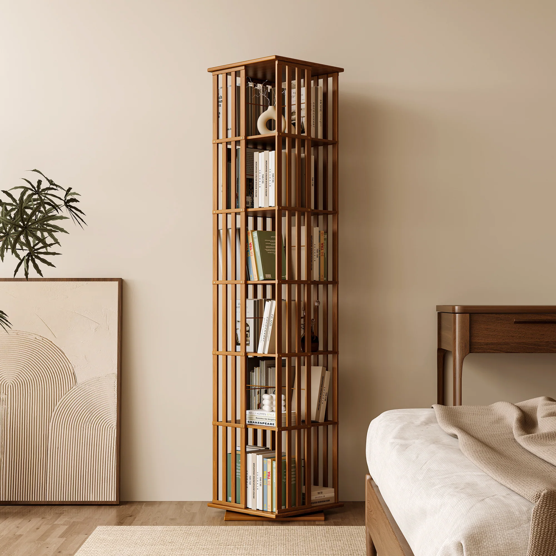WOODEN 360° ROTATING BOOKSHELF WITH STORAGE CABINETS