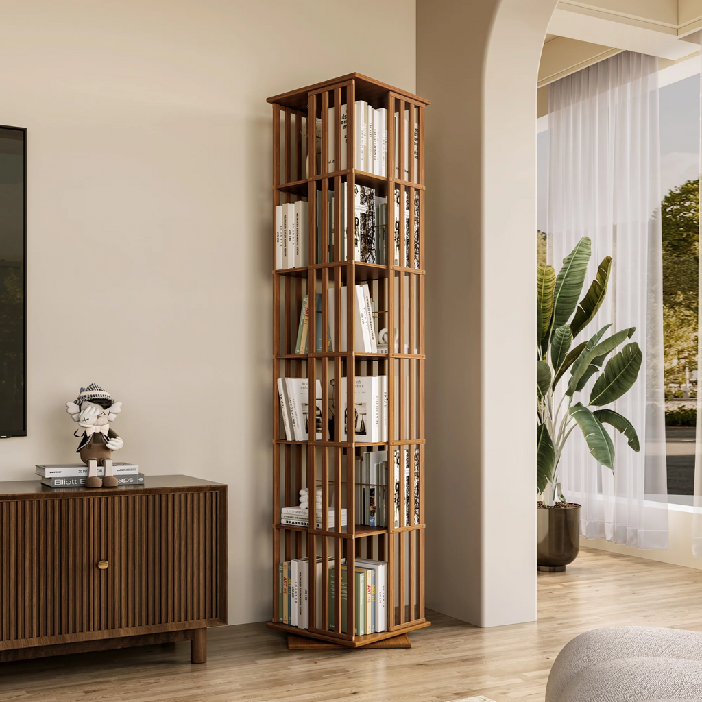 WOODEN 360° ROTATING BOOKSHELF WITH STORAGE CABINETS