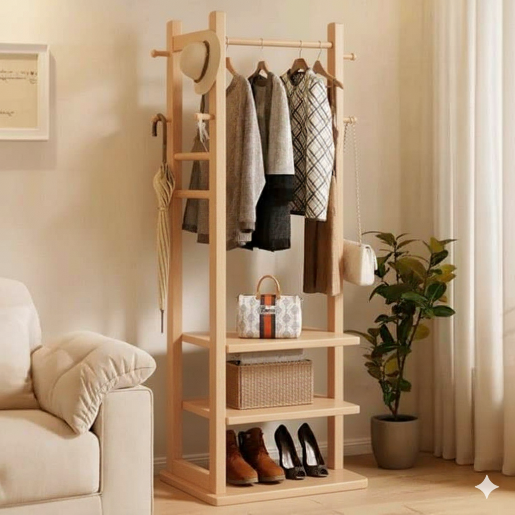Wooden Multi Layer Alna With 6 Hook And 3 Shelf For Bedroom| wooden cloth stand