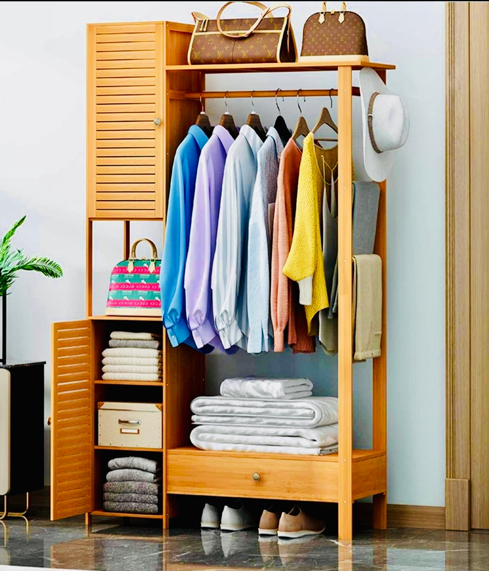 Minimalist Bedroom Closets Storage Organizer | Wooden Clothes Stand