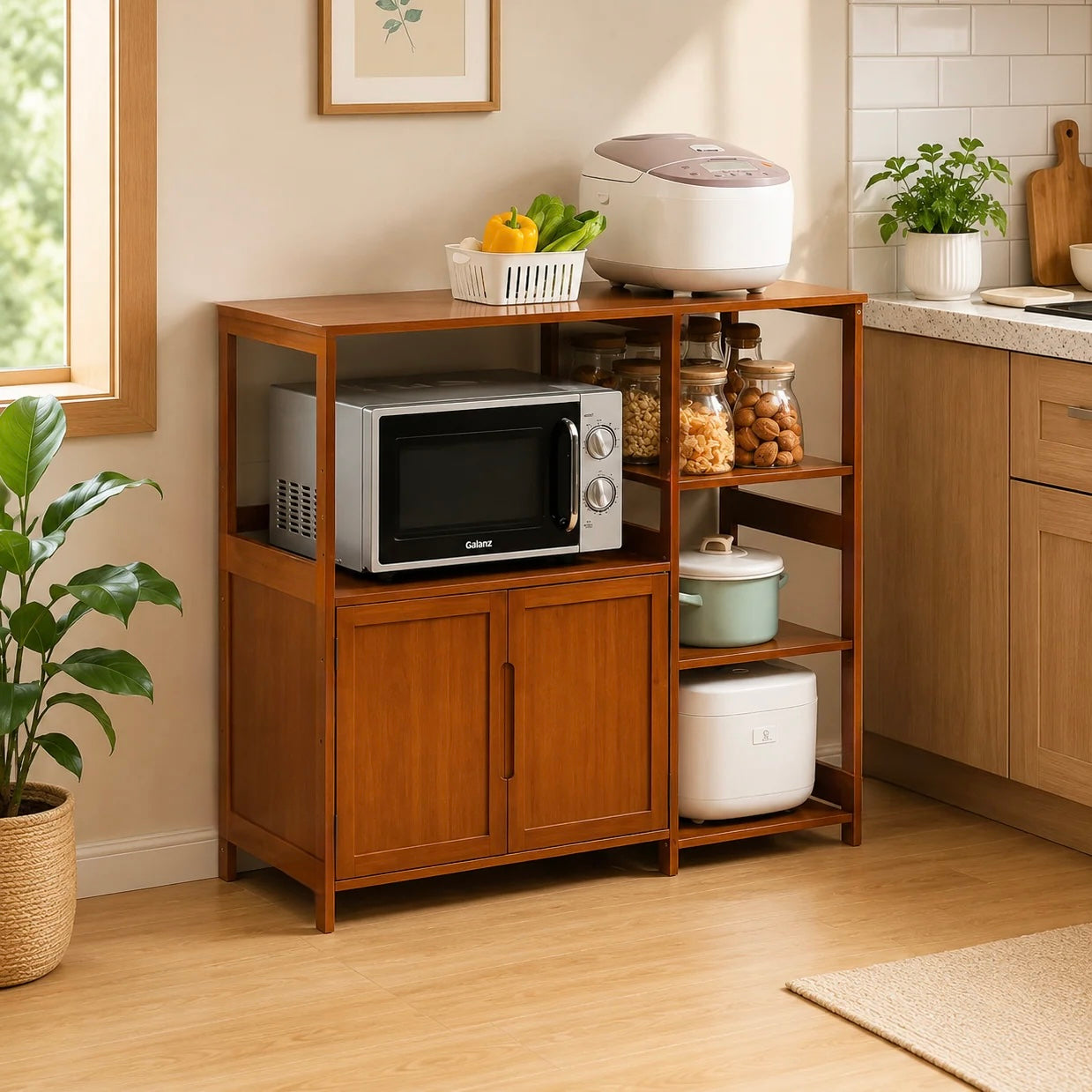 Wooden Microwave Stand with Multi-Tier Storage Shelves