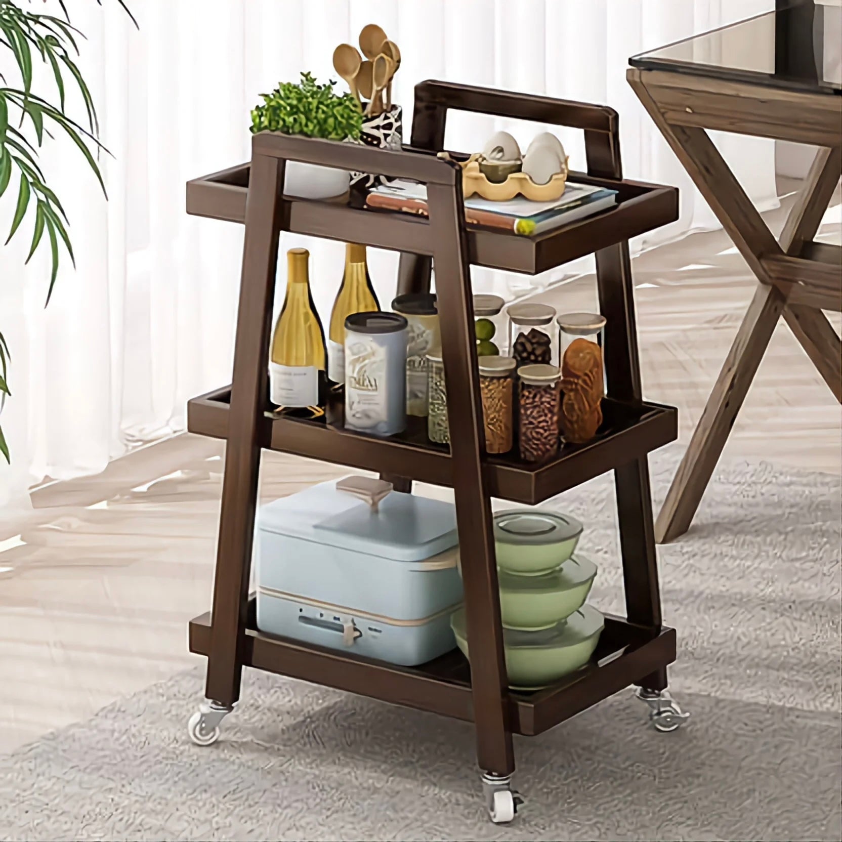 3-tier wooden serving trolley with wheels, often used in kitchens or dining areas for storage and serving