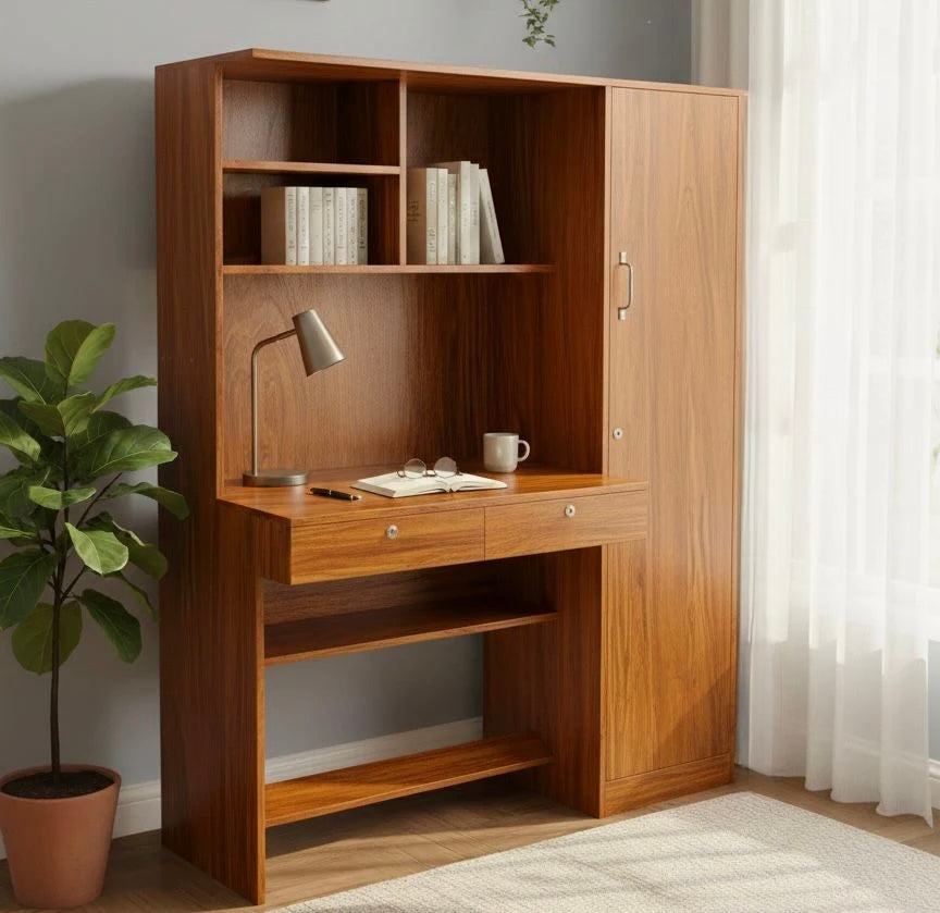 Modern Wooden All-in-One Study Table with Bookshelf and Wardrobe Cabinet