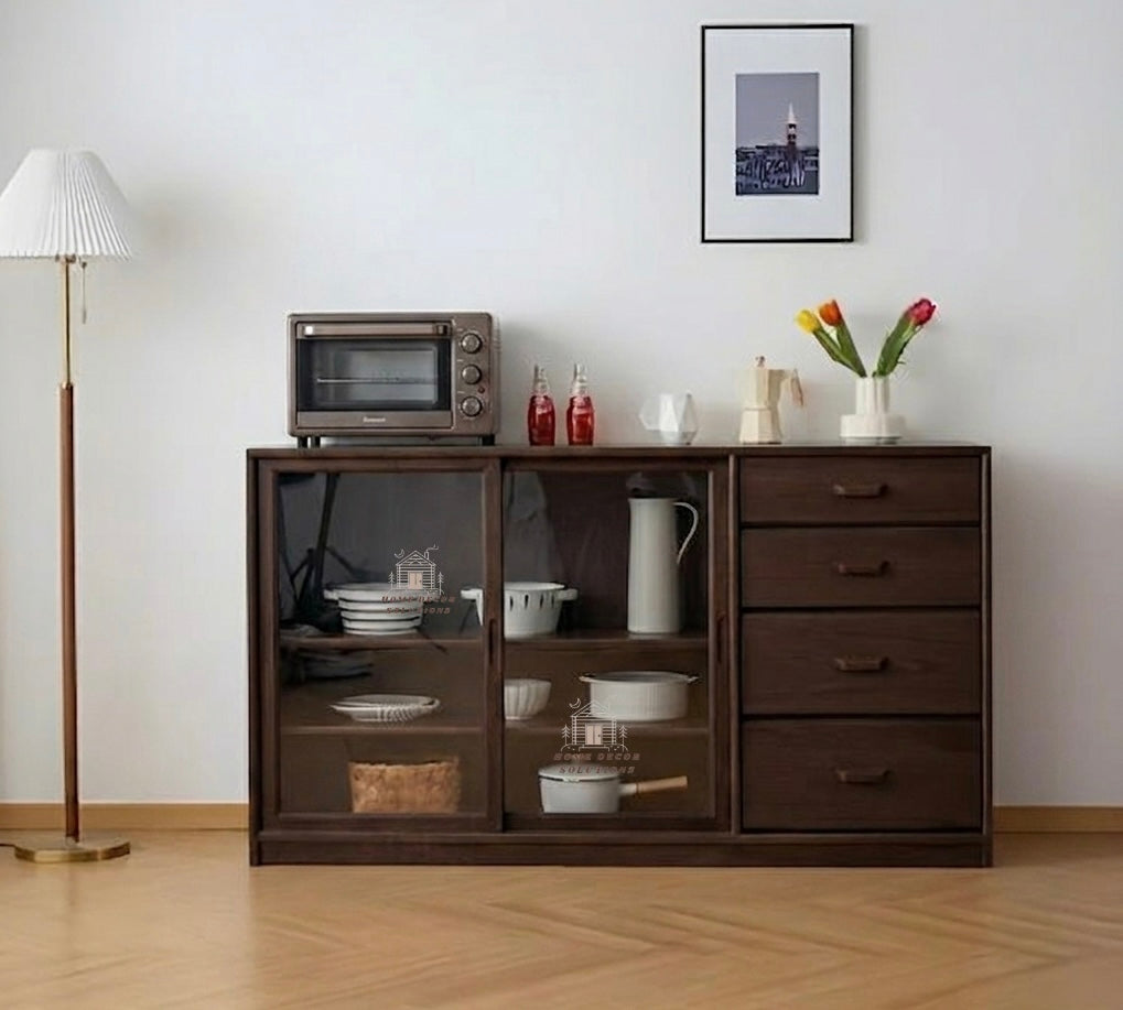 Glass Doors Storage Cabinet with Drawers for Living Room