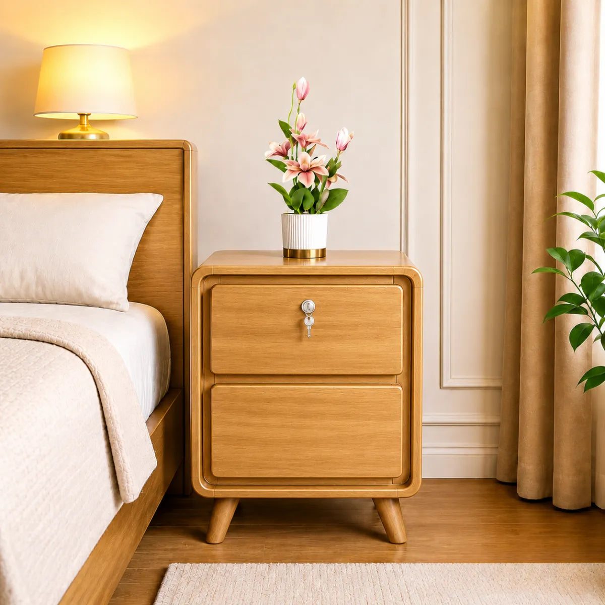 Modern Wooden Bedside Cabinet with Drawer Lock