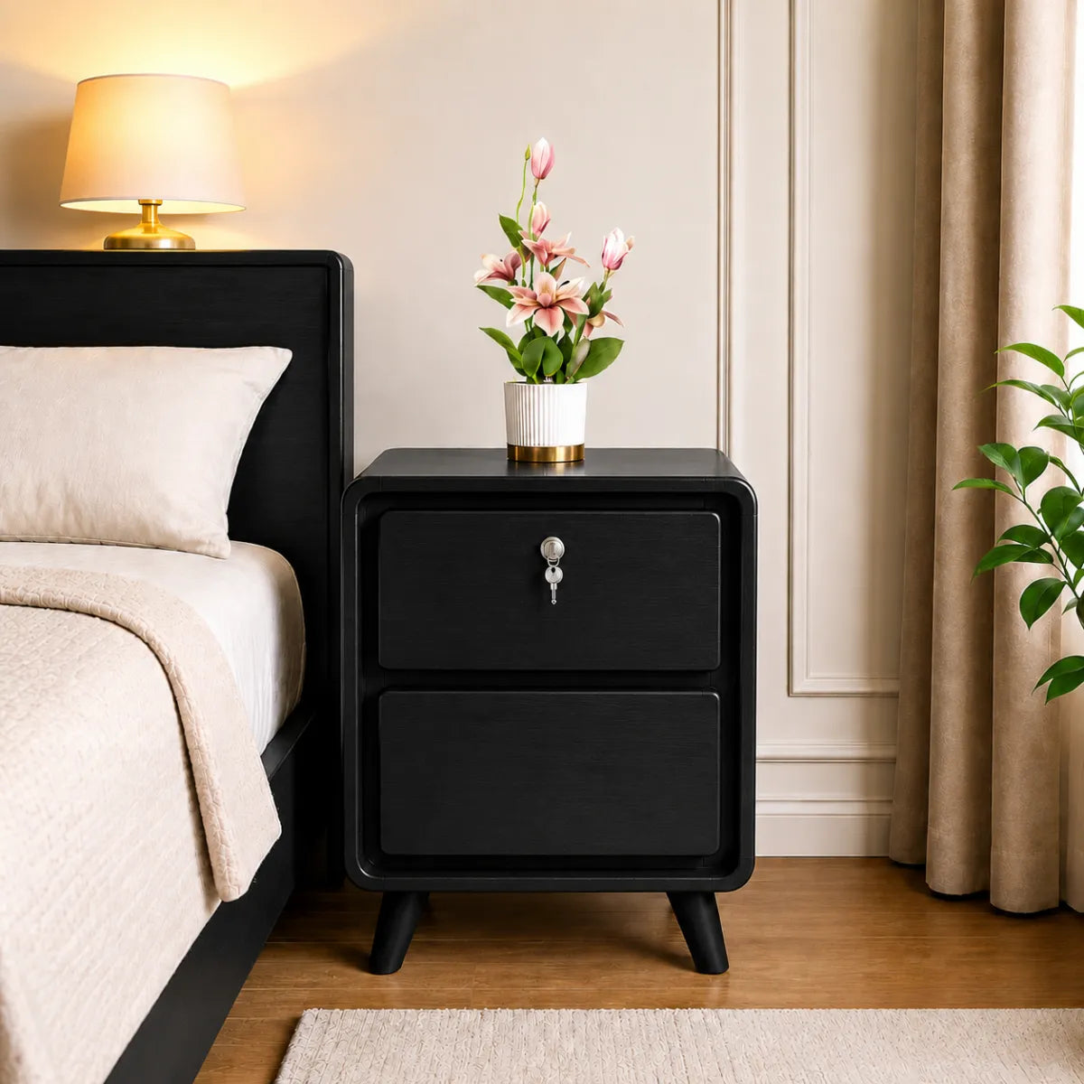 Modern Wooden Bedside Cabinet with Drawer Lock