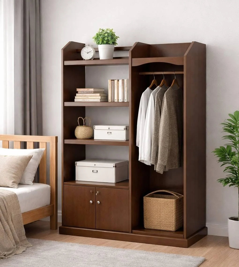 Multi-Functional Wooden Open Wardrobe Cabinet with Clothes Hanging Bar & Shelves