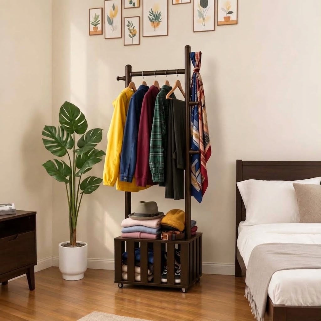 Premium Wooden Coat & Clothes Hanger Rack with Wheels