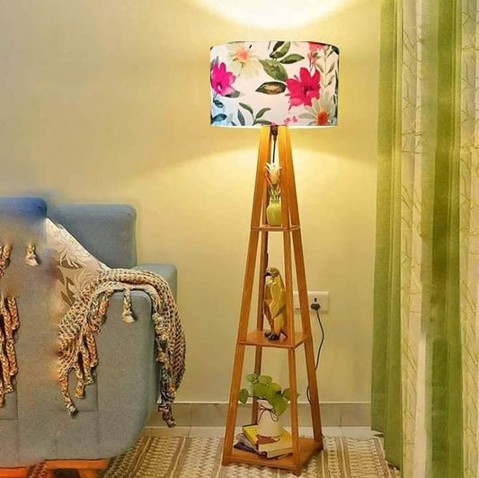 Wooden Floor Lamp With Printe Shade, Bulb And Holder