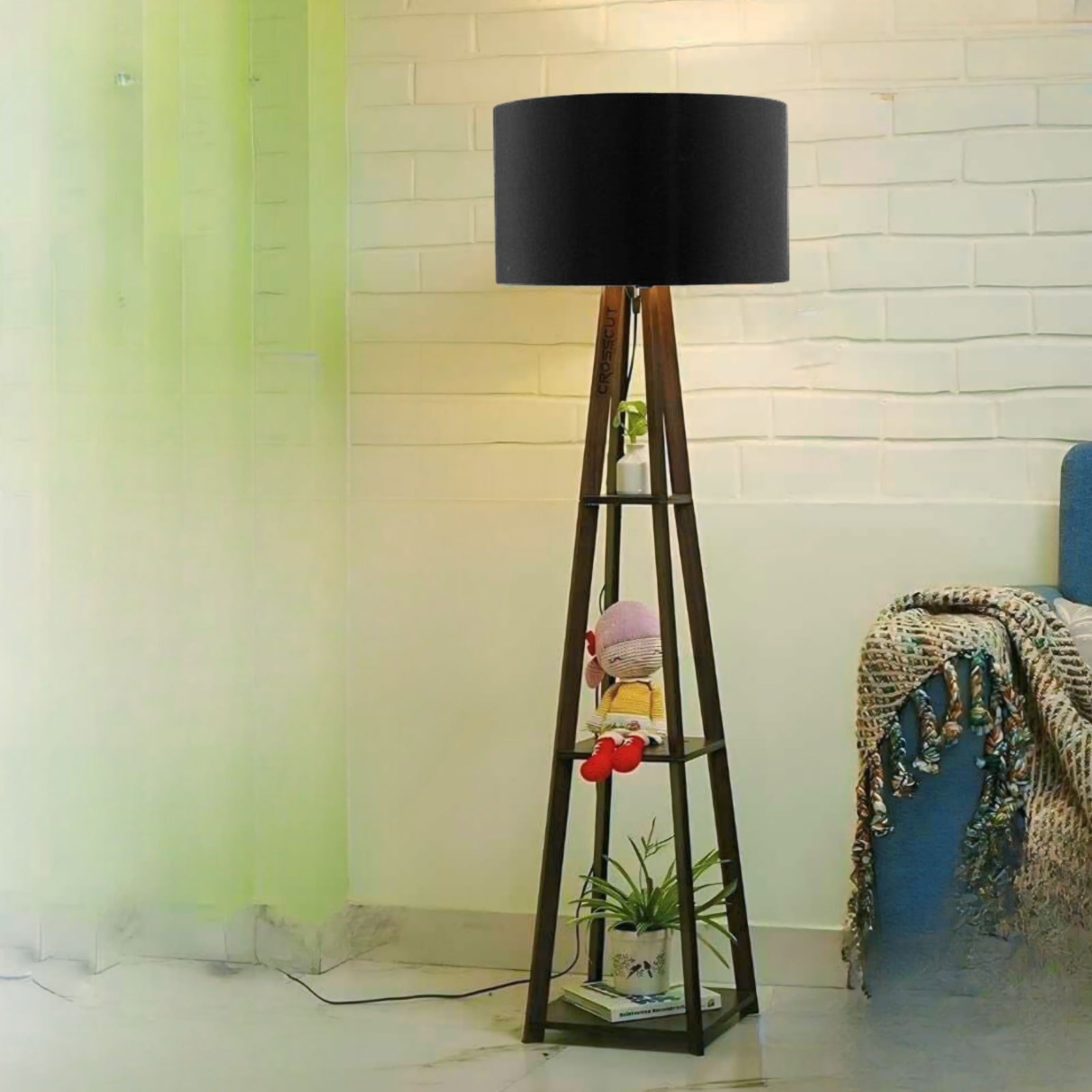 Wooden Floor Lamp With Black  Shade, Bulb And Holder