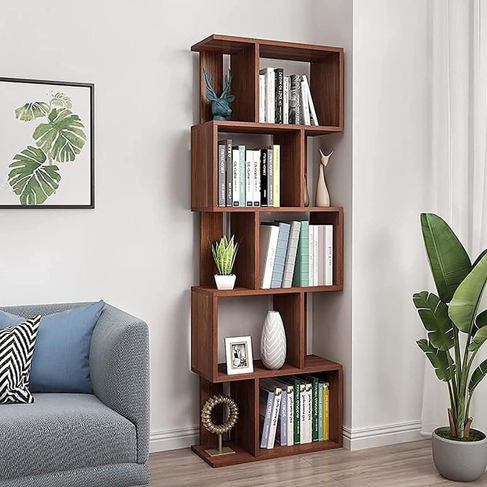 Function Home 5-Tier Bookshelf, Wooden S-Shaped Bookcase,