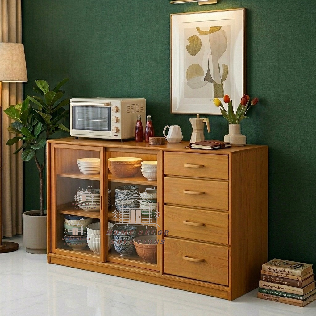 Glass Doors Storage Cabinet with Drawers for Living Room