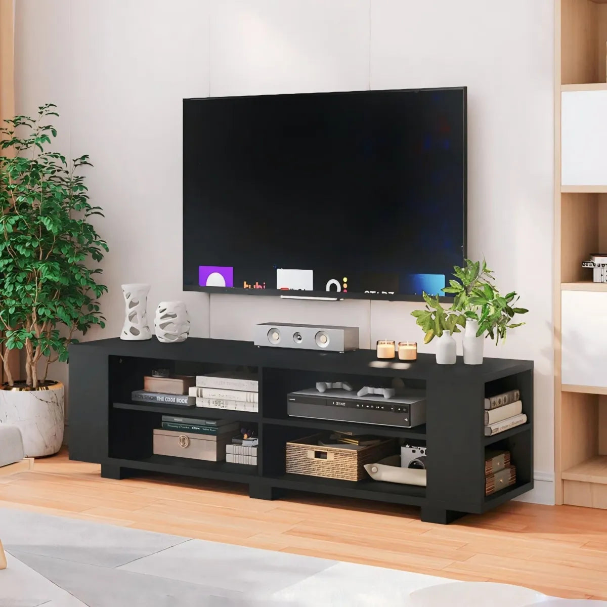 Minimalist Black Open Shelf TV Console Table