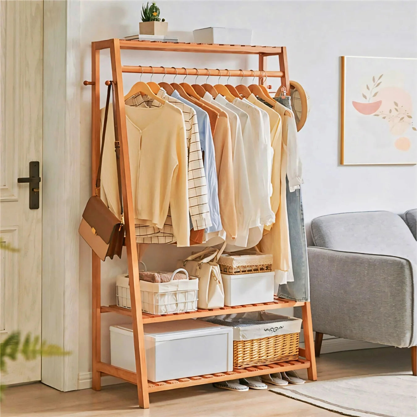 Space-Saving Wooden Clothing Rack for Bedroom & Closet