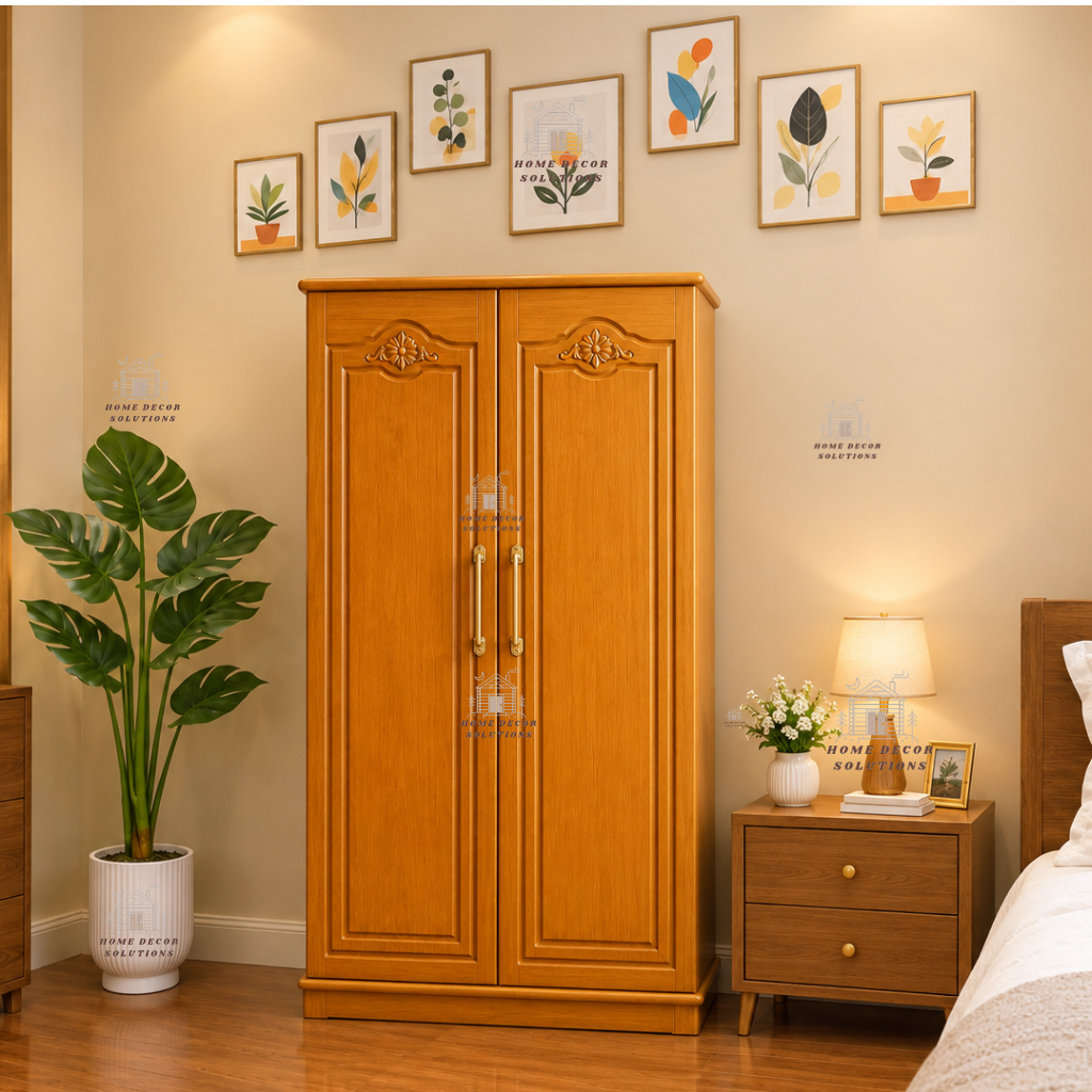 Premium Wooden 2-Door Wardrobe with Hanging Rail & Storage Drawers - Classic Wooden Almirah