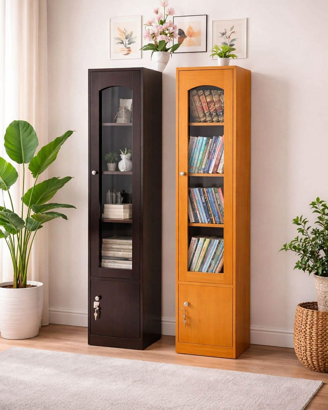 Elegant Slim Wooden Bookshelf with Glass Door