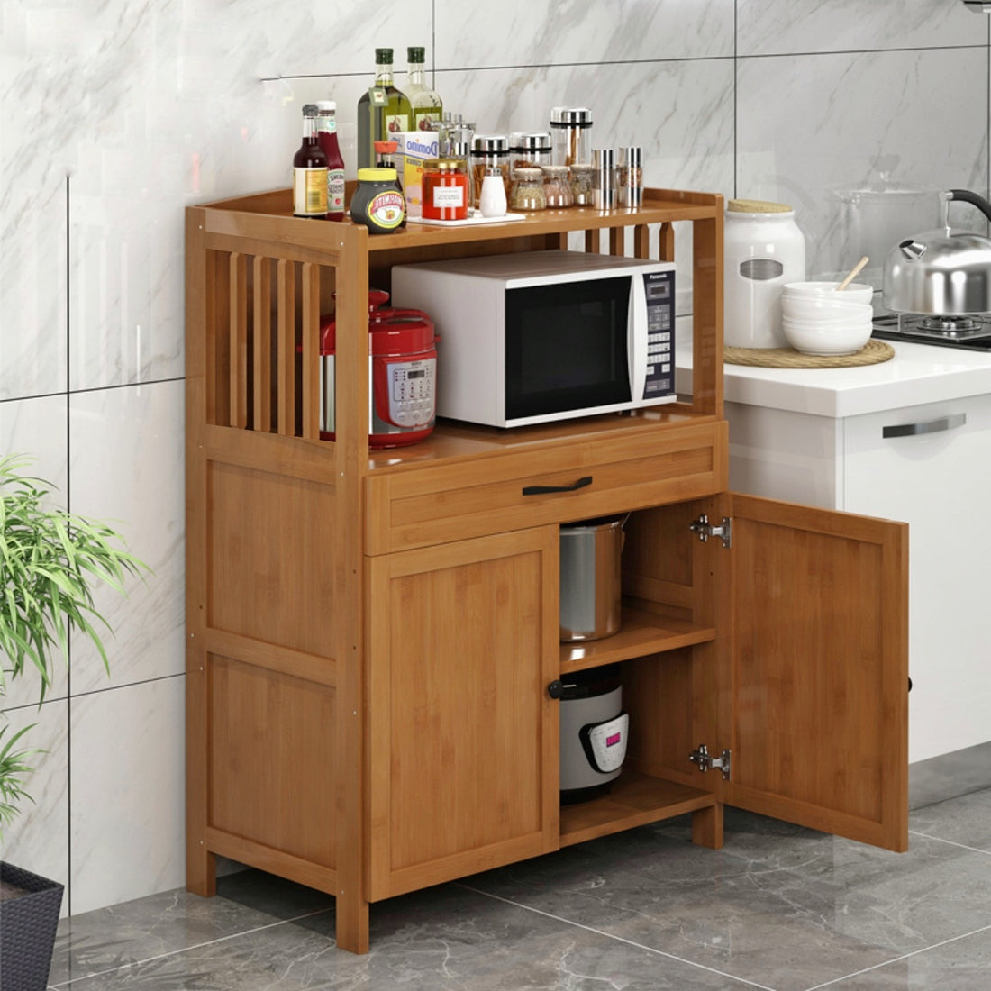 Multi-Layer Wooden Microwave Stand & Kitchen Organizer