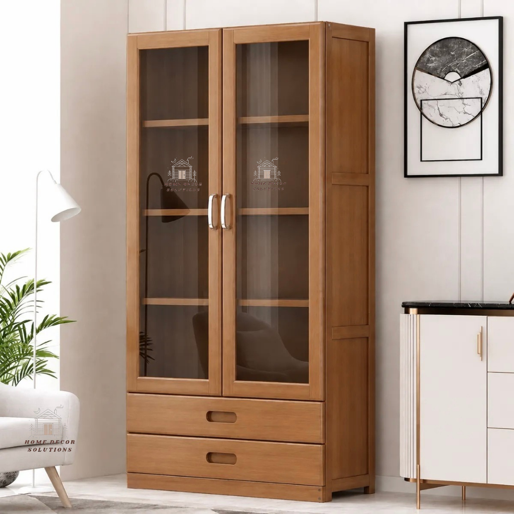Modern Wooden Bookcase with Glass Doors and Drawers