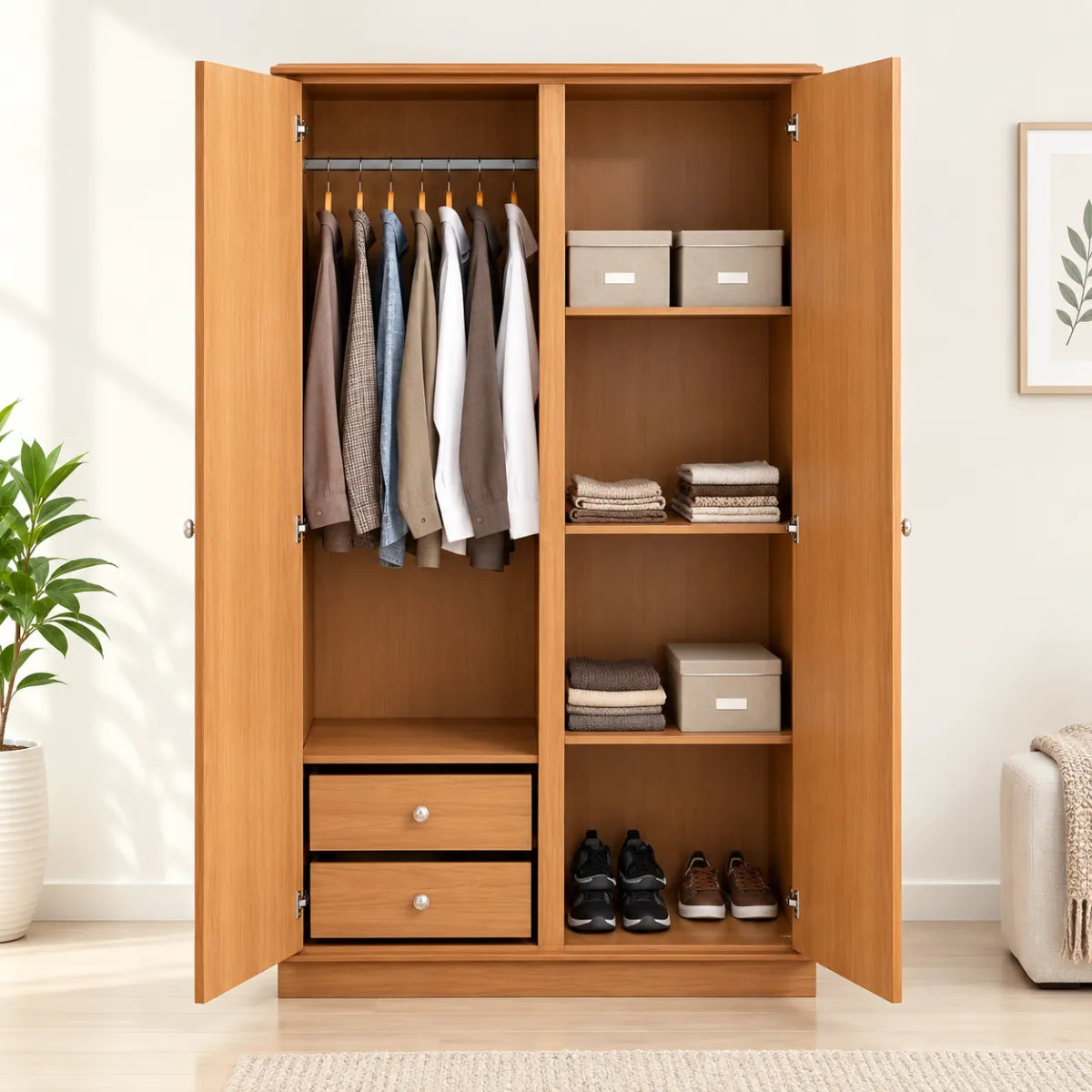 Premium Wooden 2-Door Wardrobe with Hanging Rail & Storage Drawers - Classic Wooden Almirah