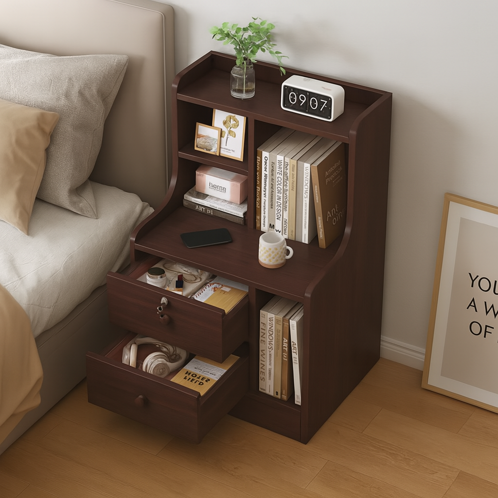 Multifunctional Wooden Bedside Table with Bookshelf & 2 Drawers