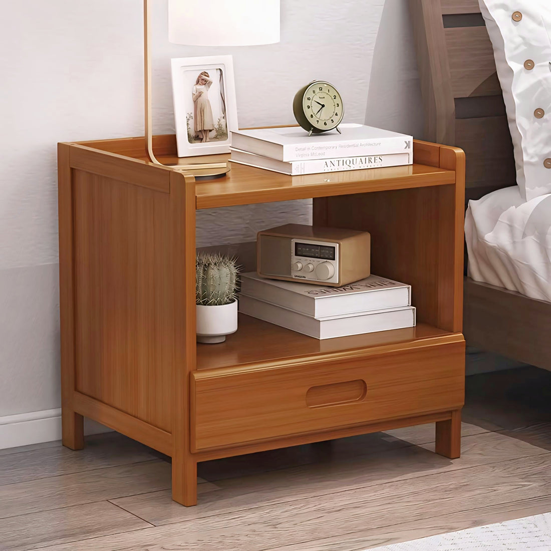 Minimalist Wooden Bedside Table & Organizer