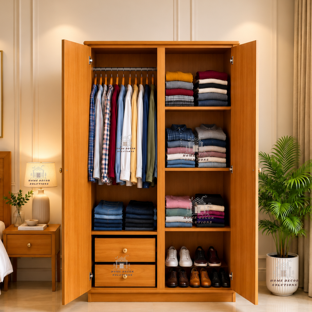 Premium Wooden 2-Door Wardrobe with Hanging Rail & Storage Drawers - Classic Wooden Almirah