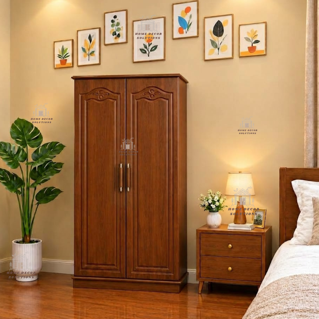 Premium Wooden 2-Door Wardrobe with Hanging Rail & Storage Drawers - Classic Wooden Almirah