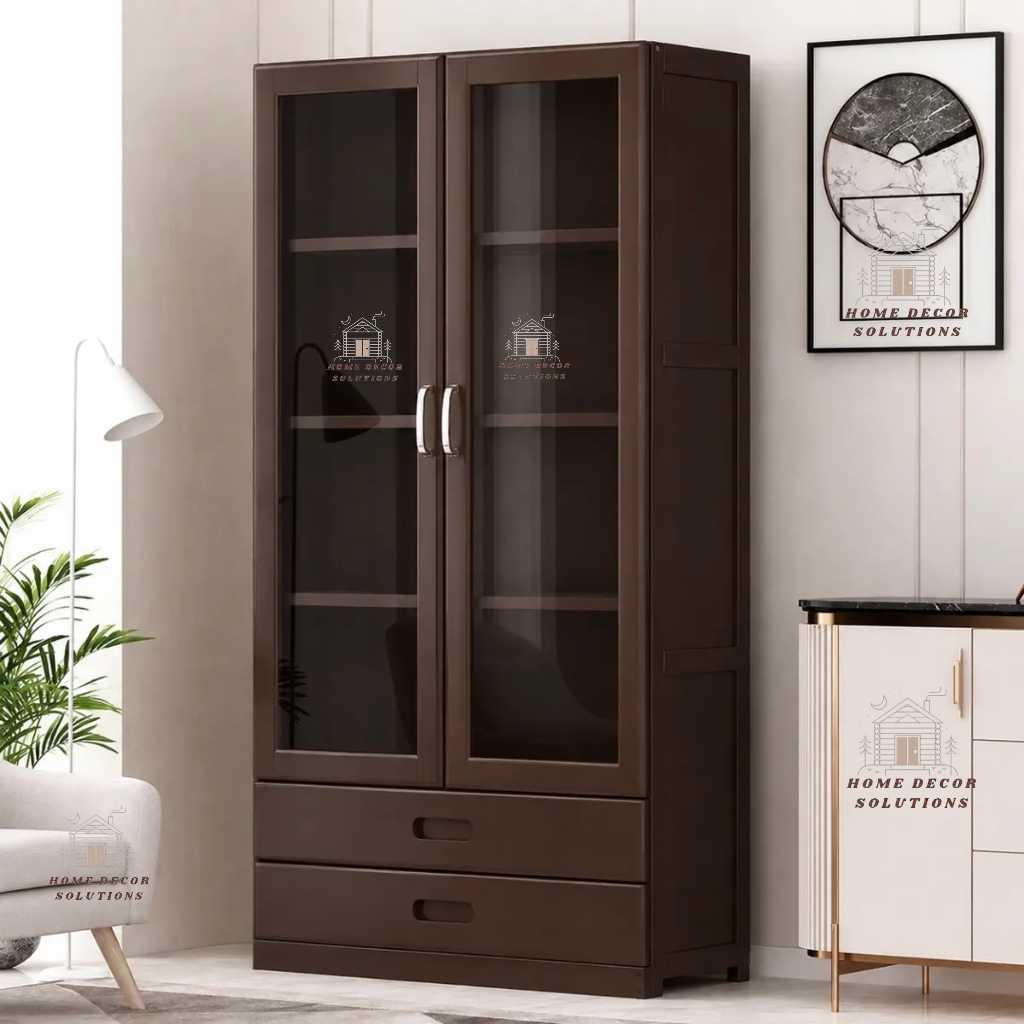 Modern Wooden Bookcase with Glass Doors and Drawers