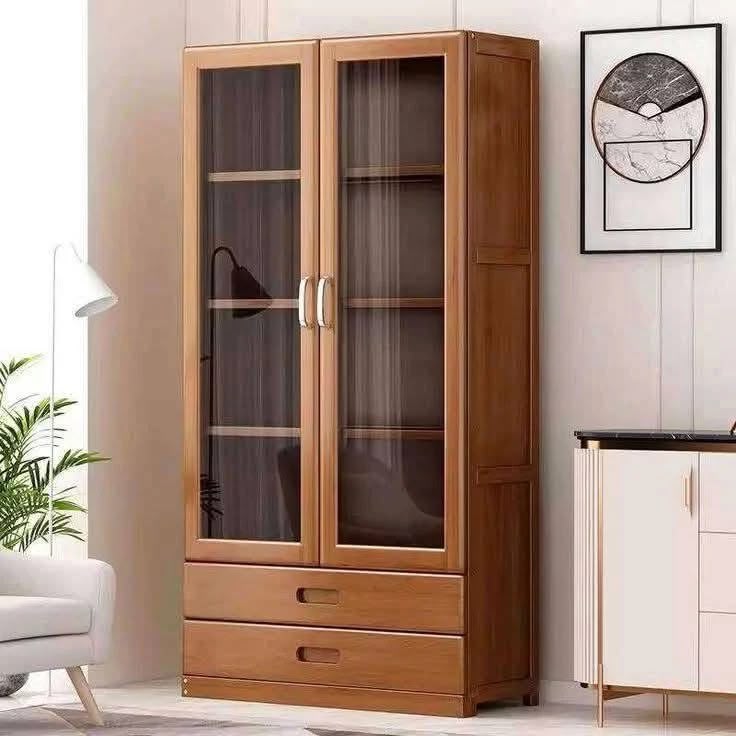 Modern Wooden Bookcase with Glass Doors and Drawers
