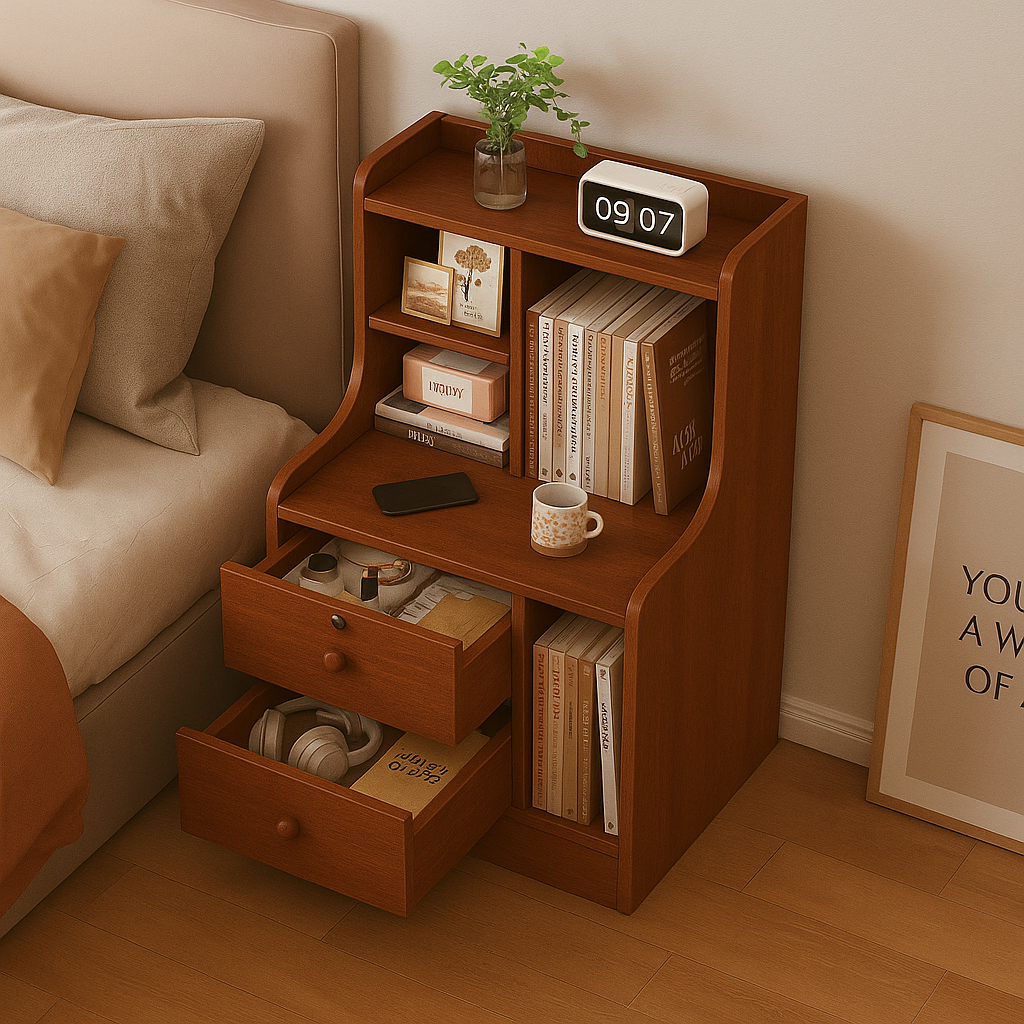 Multifunctional Wooden Bedside Table with Bookshelf & 2 Drawers