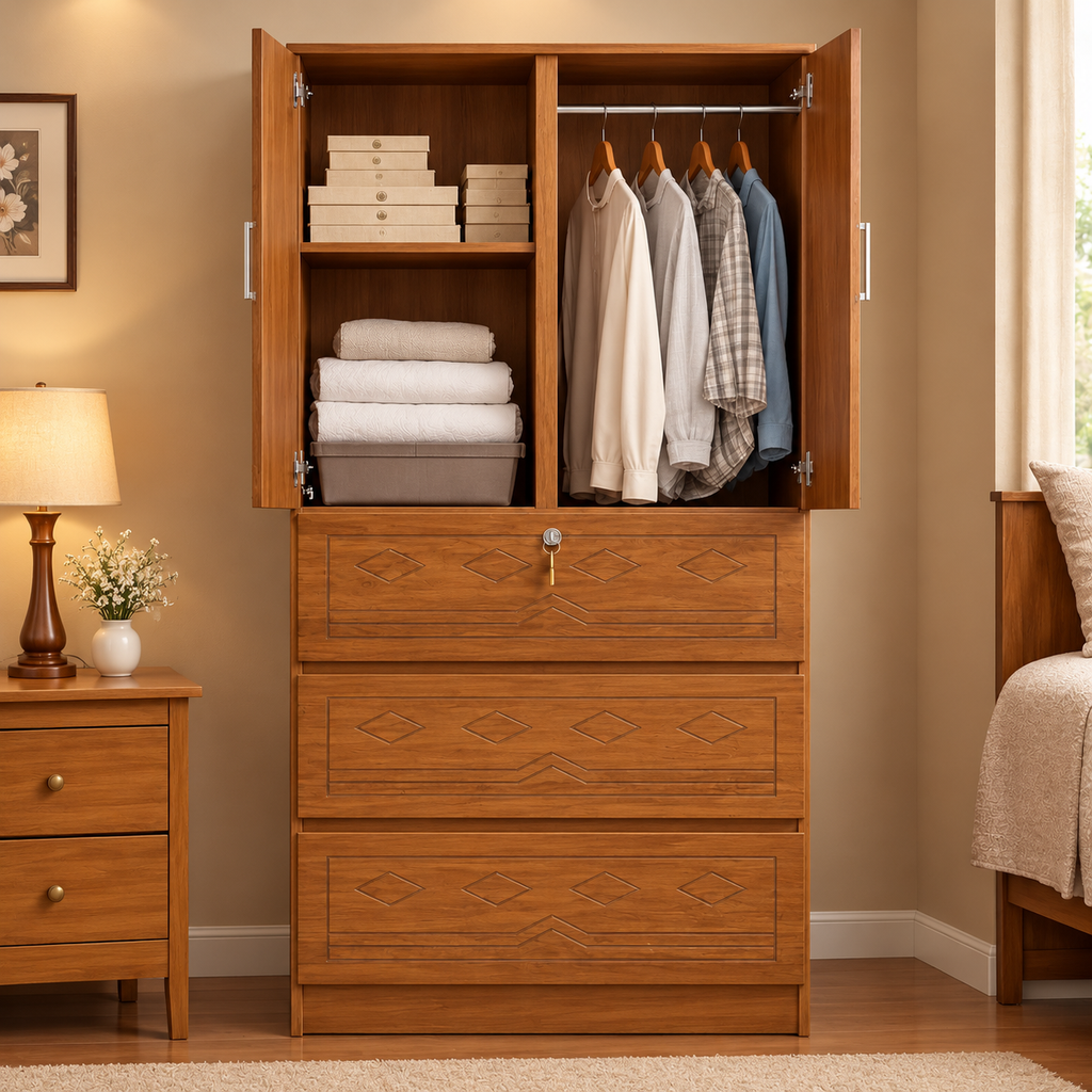 Solid Wooden Wardrobe with 3 Drawers & Storage Almirah