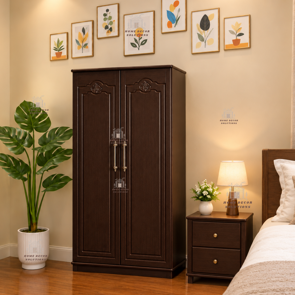 Premium Wooden 2-Door Wardrobe with Hanging Rail & Storage Drawers - Classic Wooden Almirah
