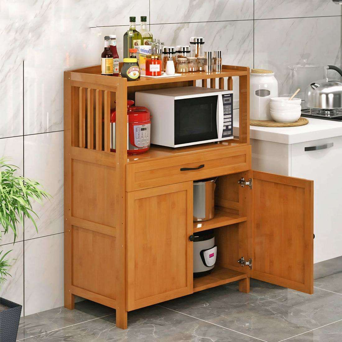 Multi-Layer Wooden Microwave Stand & Kitchen Organizer