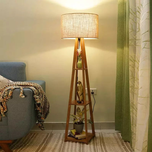 Wooden Floor Lamp Stand With Jute Shade, Bulb And Holder